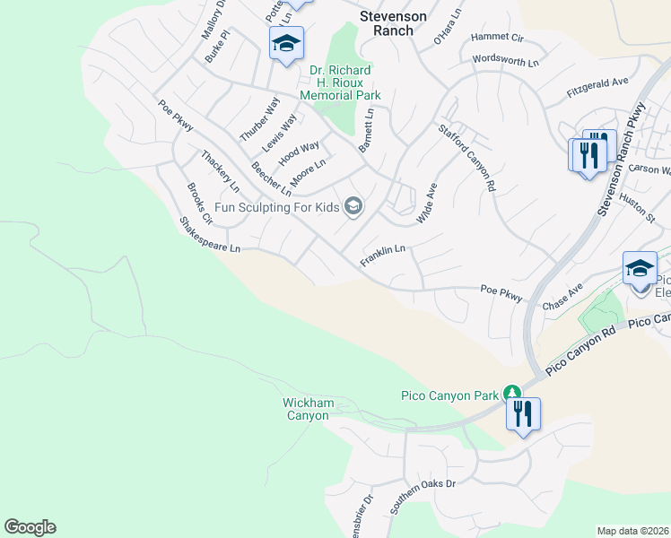 map of restaurants, bars, coffee shops, grocery stores, and more near 26211 Reade Place in Stevenson Ranch