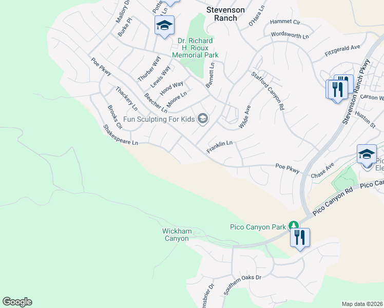map of restaurants, bars, coffee shops, grocery stores, and more near 26211 Reade Place in Stevenson Ranch