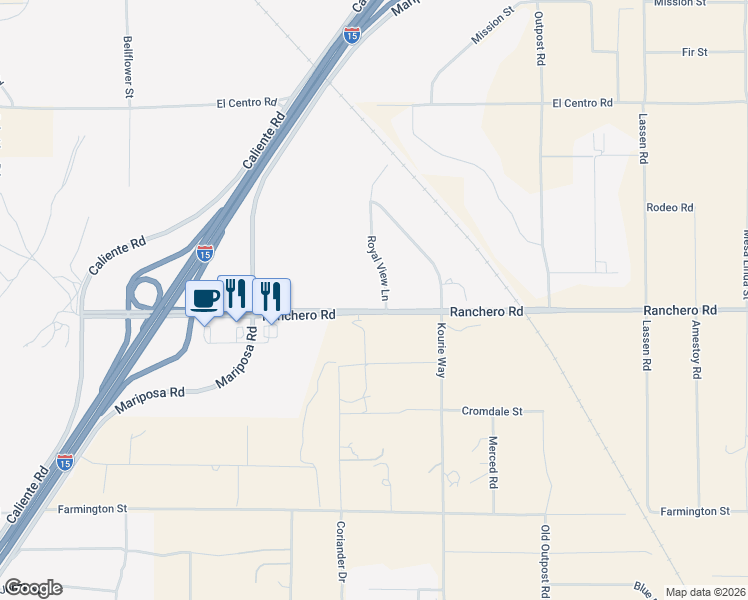 map of restaurants, bars, coffee shops, grocery stores, and more near 7322 Royal View Lane in Hesperia