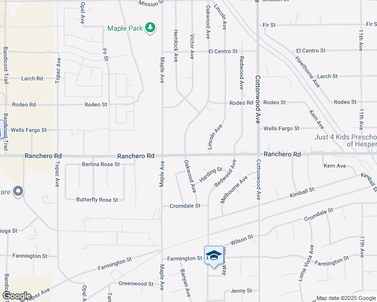 map of restaurants, bars, coffee shops, grocery stores, and more near 7323 Oakwood Avenue in Hesperia