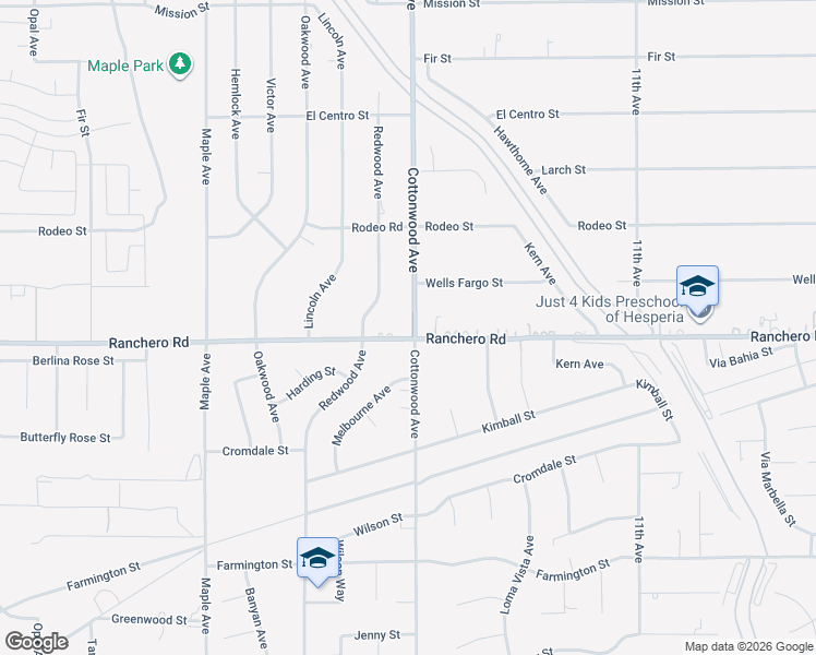 map of restaurants, bars, coffee shops, grocery stores, and more near 14888 Ranchero Road in Hesperia