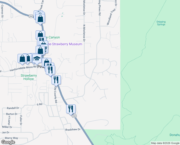 map of restaurants, bars, coffee shops, grocery stores, and more near 3621 Mistletoe Drive in Pine