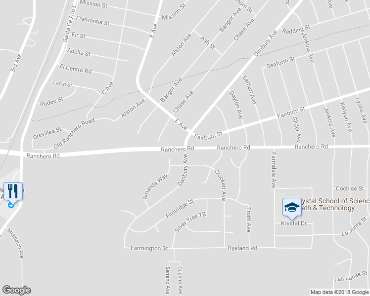 map of restaurants, bars, coffee shops, grocery stores, and more near Ranchero Road in Hesperia