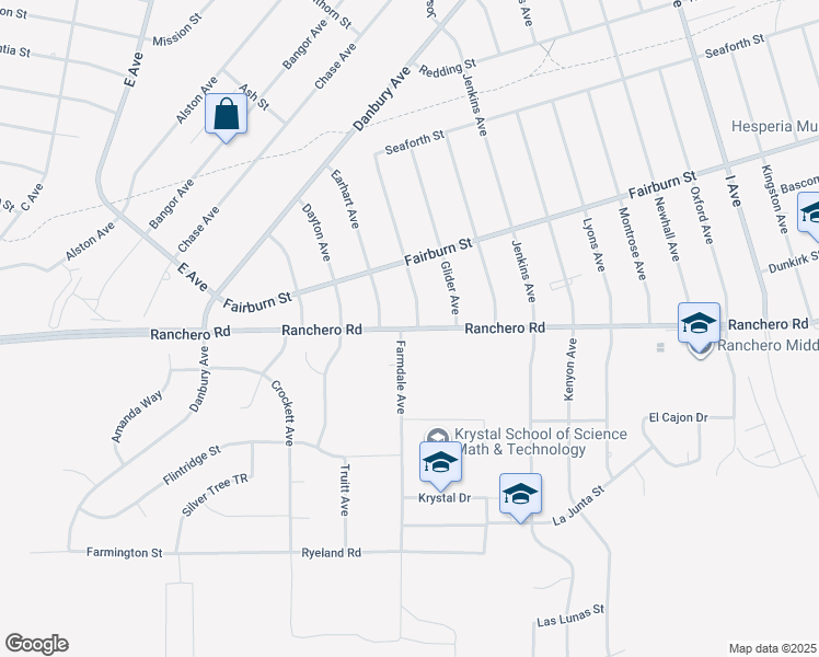 map of restaurants, bars, coffee shops, grocery stores, and more near 17111 Ranchero Street in Hesperia