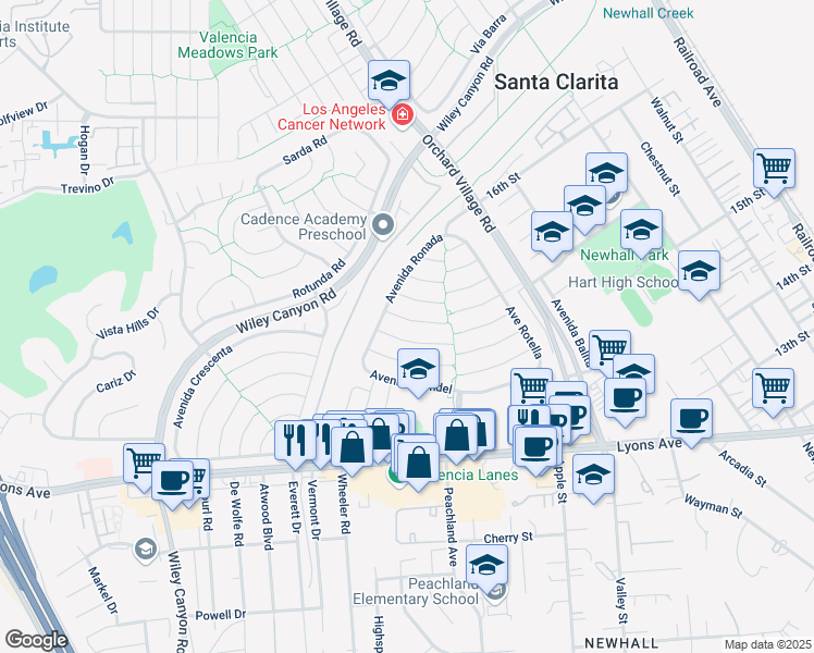 map of restaurants, bars, coffee shops, grocery stores, and more near 23646 Vía Corsa in Santa Clarita