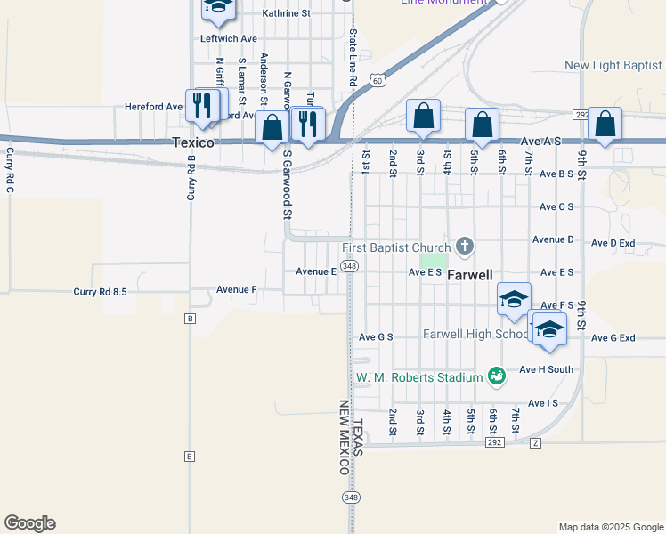 map of restaurants, bars, coffee shops, grocery stores, and more near 612 New Mexico 348 in Texico
