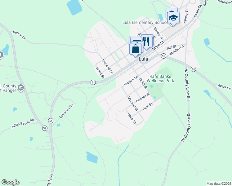 map of restaurants, bars, coffee shops, grocery stores, and more near 5674 Maiden Lane in Lula