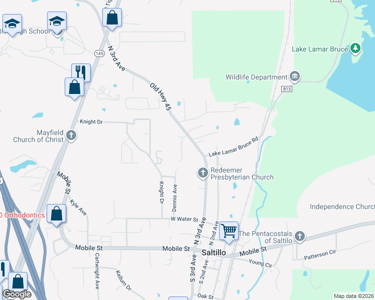 map of restaurants, bars, coffee shops, grocery stores, and more near 101-139 Lesley Drive in Saltillo