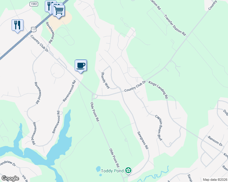 map of restaurants, bars, coffee shops, grocery stores, and more near 848 Country Club Drive in Hampstead