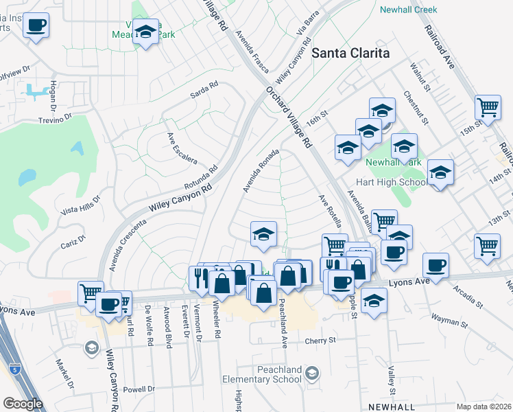 map of restaurants, bars, coffee shops, grocery stores, and more near 23646 Vía Corsa in Santa Clarita