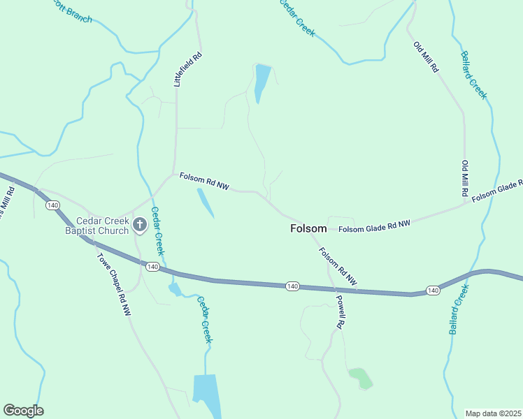 map of restaurants, bars, coffee shops, grocery stores, and more near 114 Folsom Road Northwest in Adairsville