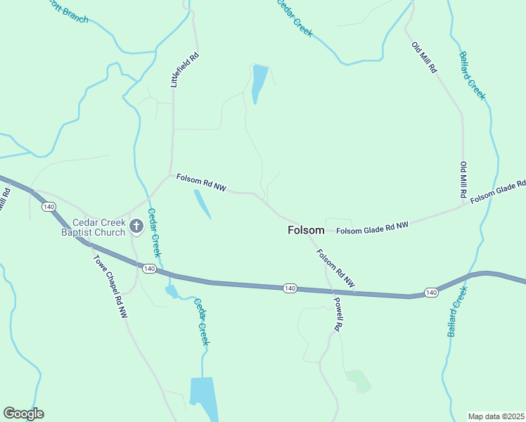 map of restaurants, bars, coffee shops, grocery stores, and more near 114 Folsom Road Northwest in Adairsville