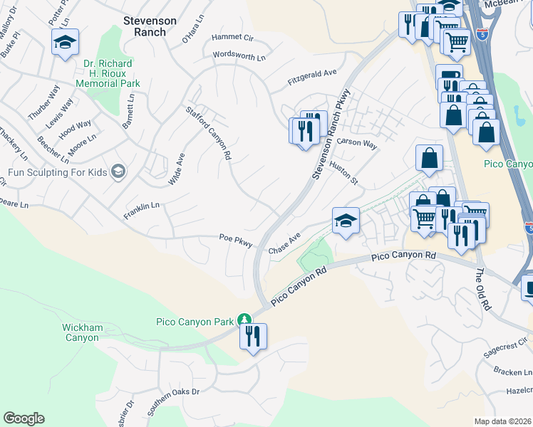 map of restaurants, bars, coffee shops, grocery stores, and more near 25463 Hardy Place in Stevenson Ranch