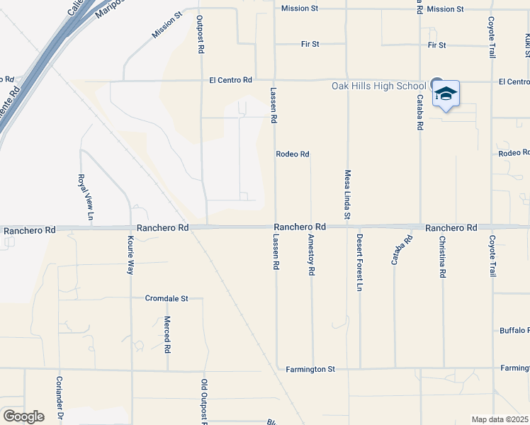 map of restaurants, bars, coffee shops, grocery stores, and more near 7435 Lassen Road in Oak Hills