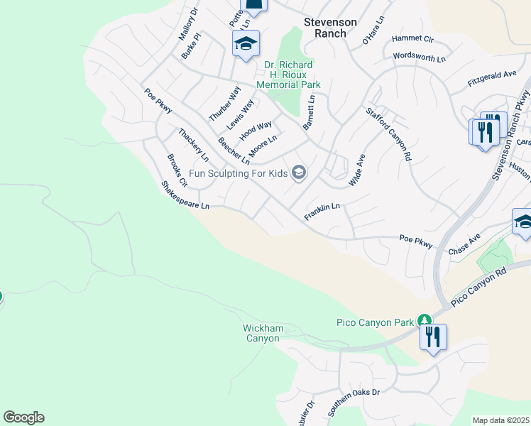 map of restaurants, bars, coffee shops, grocery stores, and more near 26246 Reade Place in Stevenson Ranch