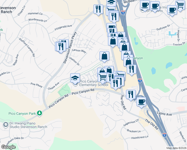 map of restaurants, bars, coffee shops, grocery stores, and more near 24979 Constitution Avenue in Stevenson Ranch