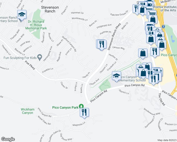 map of restaurants, bars, coffee shops, grocery stores, and more near 25463 Hardy Place in Stevenson Ranch