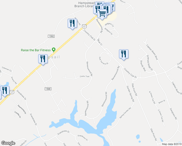 map of restaurants, bars, coffee shops, grocery stores, and more near 206 Ravenswood Road in Hampstead