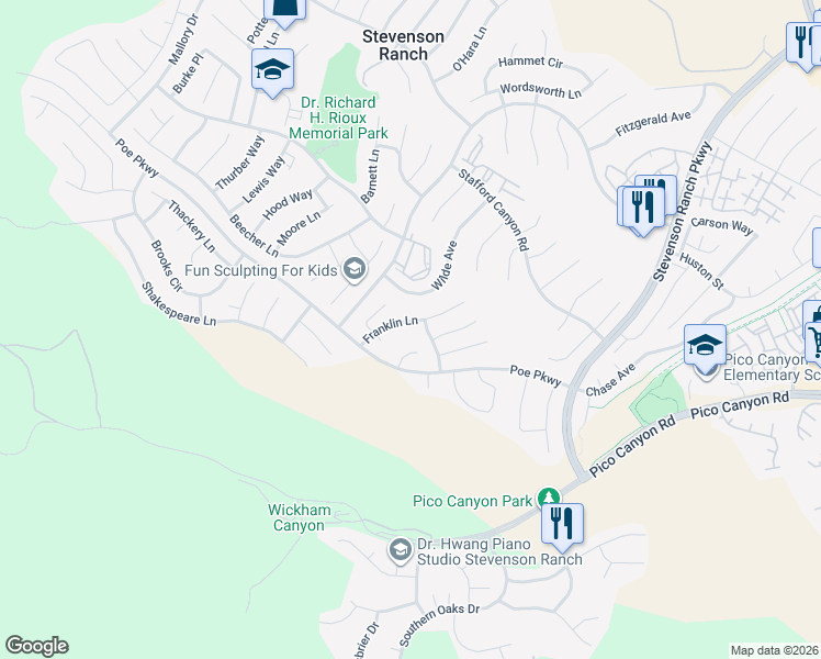 map of restaurants, bars, coffee shops, grocery stores, and more near 25548 Wilde Avenue in Stevenson Ranch