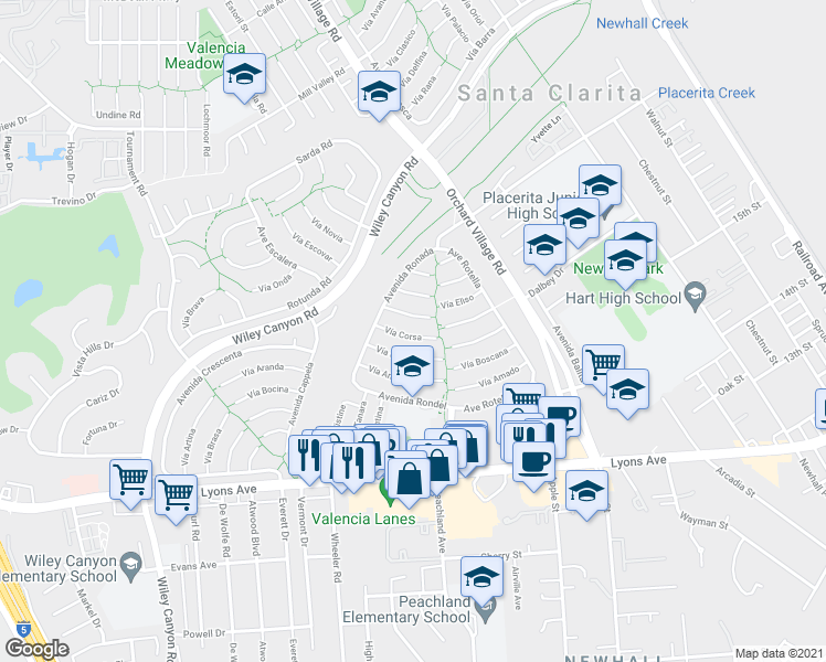 map of restaurants, bars, coffee shops, grocery stores, and more near 23631 Vía Corsa in Santa Clarita