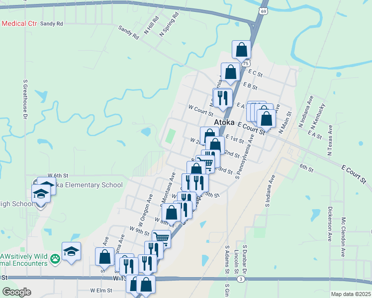 map of restaurants, bars, coffee shops, grocery stores, and more near 345 Montana Avenue in Atoka