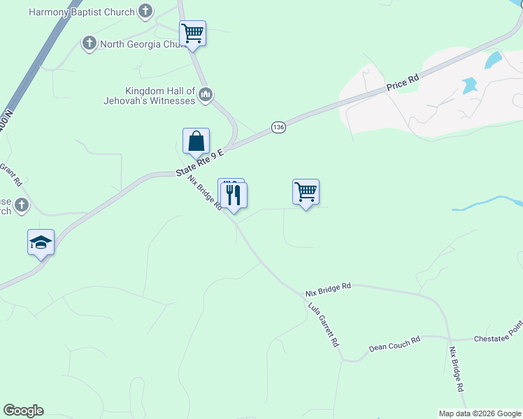 map of restaurants, bars, coffee shops, grocery stores, and more near 101 Oak Creek Drive in Dawsonville