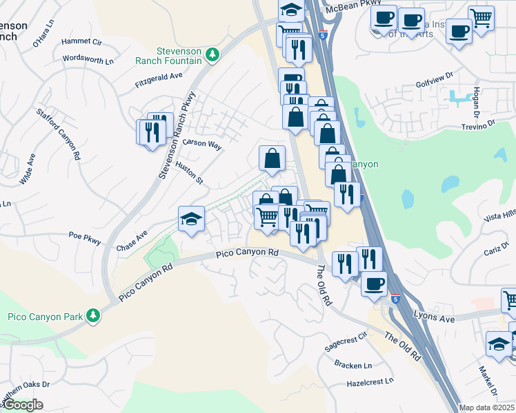 map of restaurants, bars, coffee shops, grocery stores, and more near 24979 Constitution Avenue in Stevenson Ranch