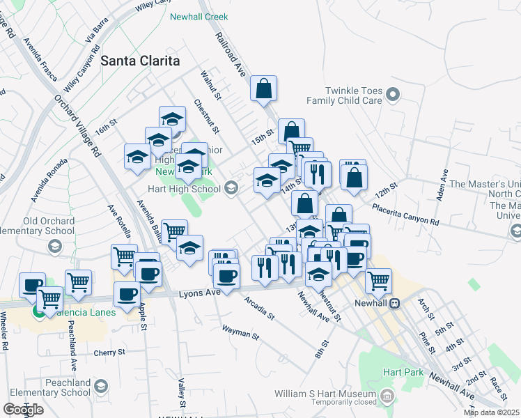 map of restaurants, bars, coffee shops, grocery stores, and more near 24756 Chestnut Street in Santa Clarita