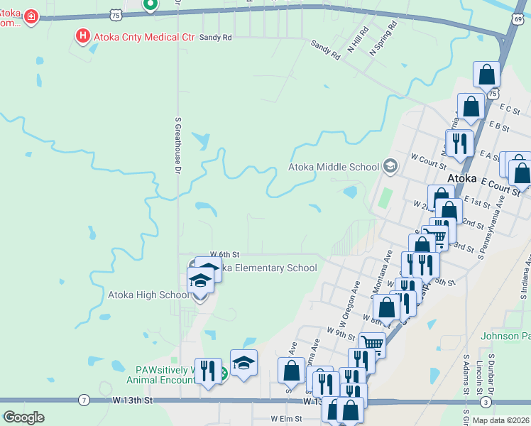 map of restaurants, bars, coffee shops, grocery stores, and more near 573 Lady Cat Drive in Atoka