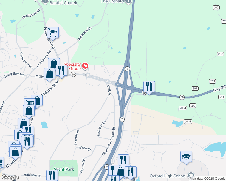map of restaurants, bars, coffee shops, grocery stores, and more near 810-898 Park Dr in Oxford