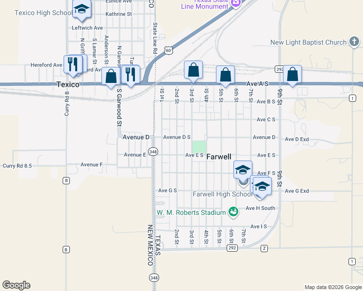 map of restaurants, bars, coffee shops, grocery stores, and more near Avenue D South in Farwell