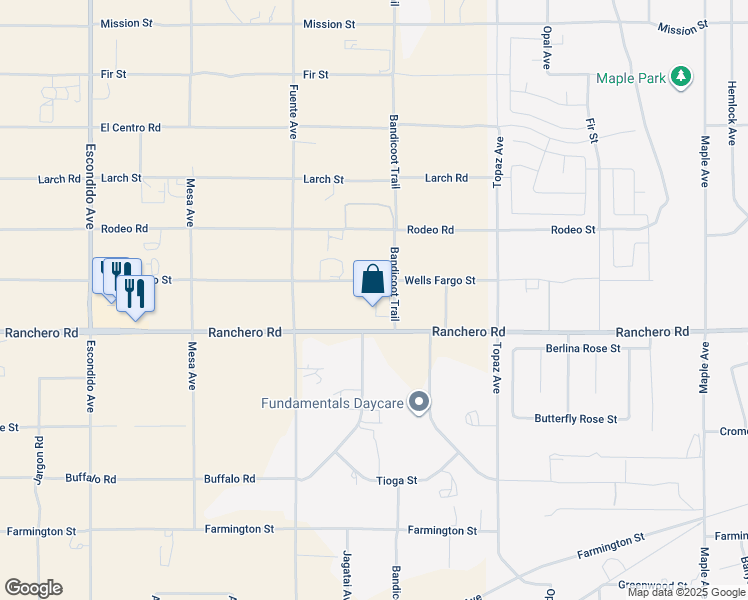 map of restaurants, bars, coffee shops, grocery stores, and more near 13874 Ranchero Road in Oak Hills