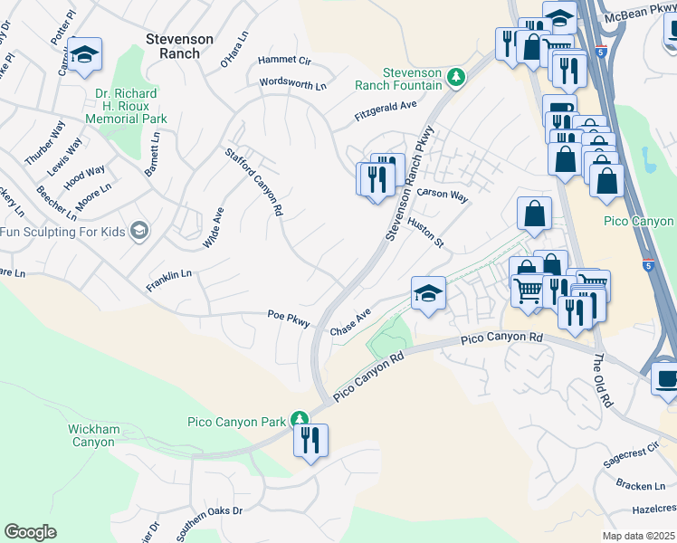 map of restaurants, bars, coffee shops, grocery stores, and more near 25507 Hardy Place in Stevenson Ranch