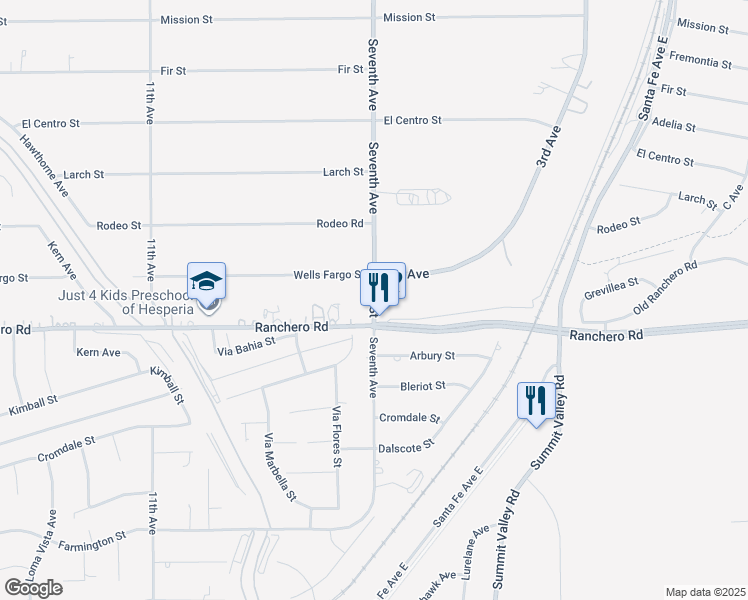 map of restaurants, bars, coffee shops, grocery stores, and more near 7th Street in Hesperia