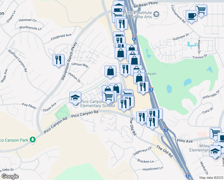 map of restaurants, bars, coffee shops, grocery stores, and more near 25512 Fountain Glen Court in Stevenson Ranch