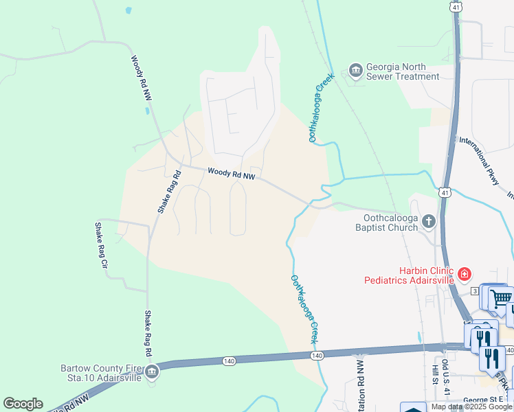 map of restaurants, bars, coffee shops, grocery stores, and more near 181 Woody Road Northwest in Adairsville