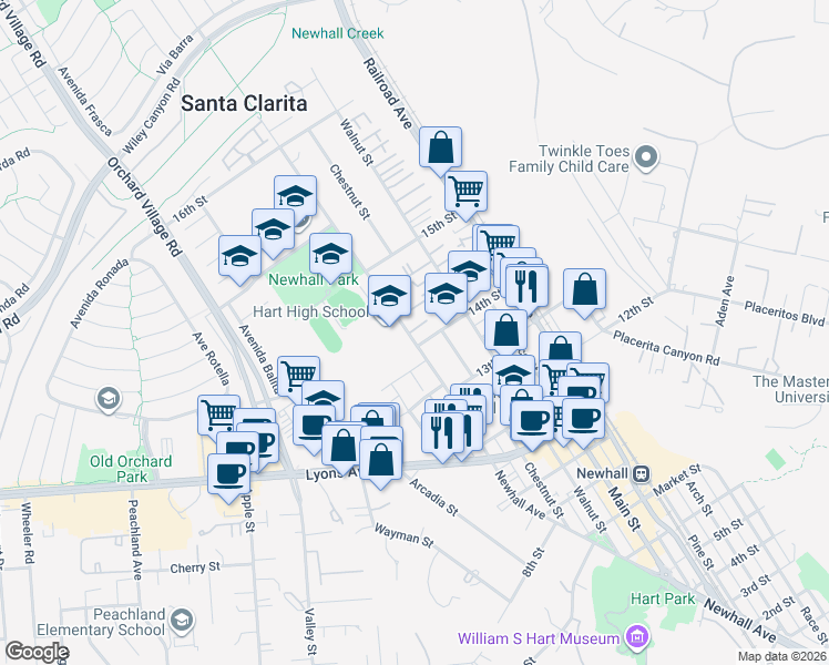 map of restaurants, bars, coffee shops, grocery stores, and more near 24816 Newhall Avenue in Santa Clarita