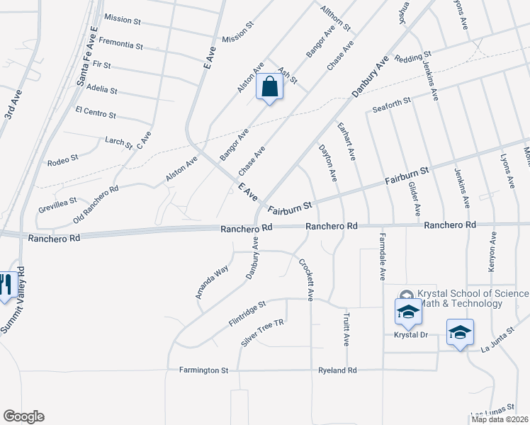 map of restaurants, bars, coffee shops, grocery stores, and more near 16757 Danbury Avenue in Hesperia