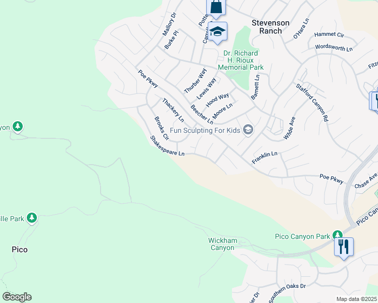map of restaurants, bars, coffee shops, grocery stores, and more near 25407 Hopkins Place in Stevenson Ranch