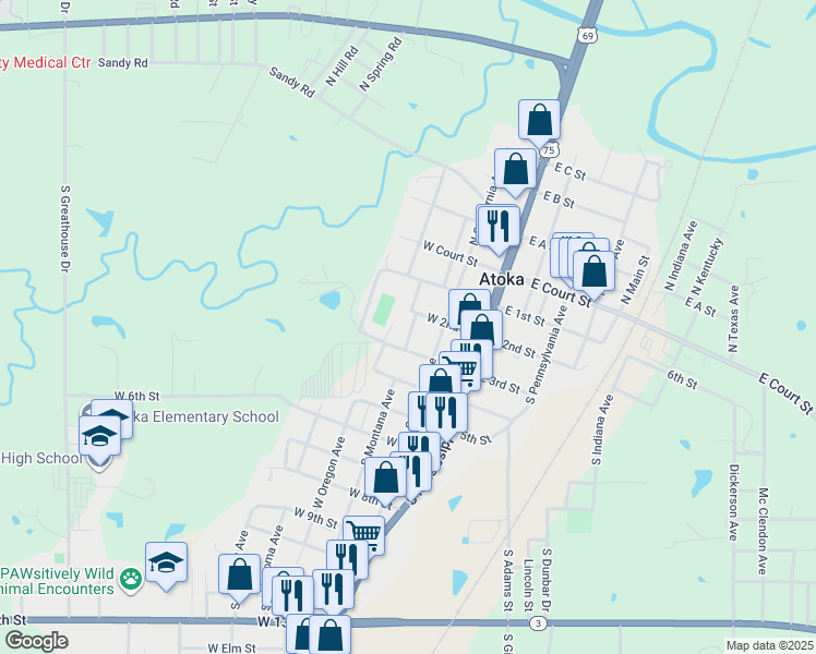 map of restaurants, bars, coffee shops, grocery stores, and more near 345 Montana Avenue in Atoka
