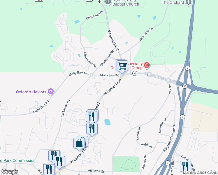 map of restaurants, bars, coffee shops, grocery stores, and more near 2-98 Hilltop Drive in Oxford