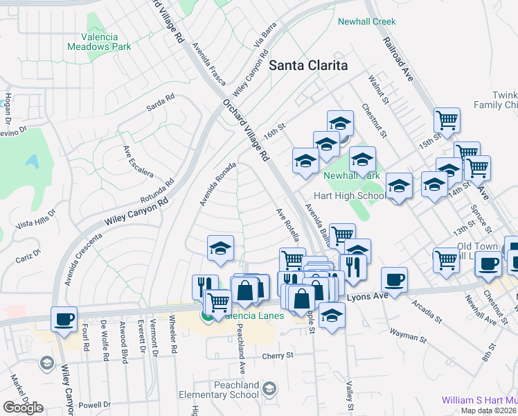 map of restaurants, bars, coffee shops, grocery stores, and more near 23514 Vía Decano in Santa Clarita