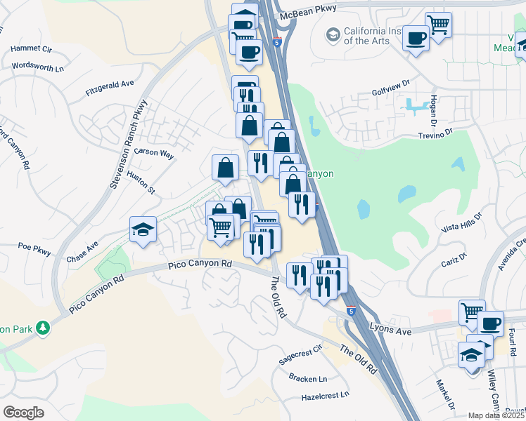 map of restaurants, bars, coffee shops, grocery stores, and more near The Old Road & Constitution Avenue in Stevenson Ranch