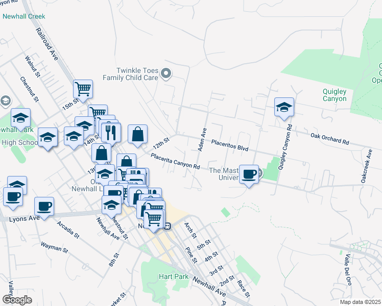 map of restaurants, bars, coffee shops, grocery stores, and more near 24637 Aden Avenue in Santa Clarita