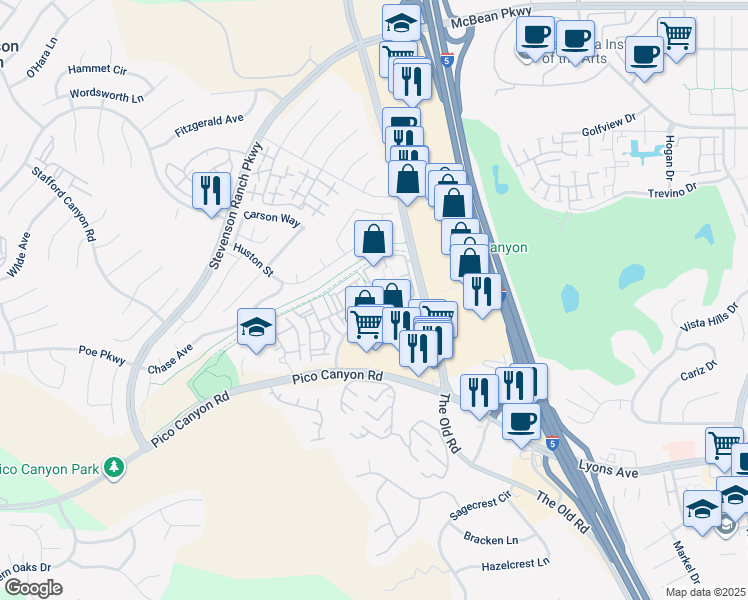 map of restaurants, bars, coffee shops, grocery stores, and more near 25512 Fountain Glen Court in Stevenson Ranch