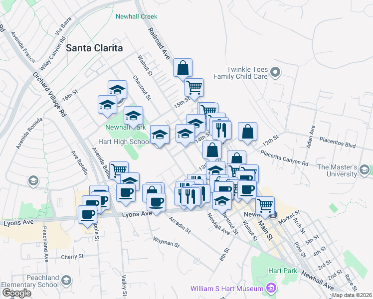map of restaurants, bars, coffee shops, grocery stores, and more near 24756 Chestnut Street in Santa Clarita