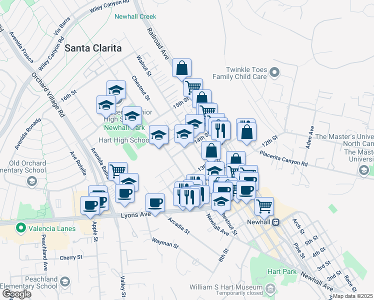 map of restaurants, bars, coffee shops, grocery stores, and more near 24756 Chestnut Street in Santa Clarita