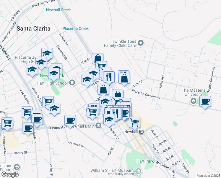 map of restaurants, bars, coffee shops, grocery stores, and more near 24707 Railroad Avenue in Santa Clarita