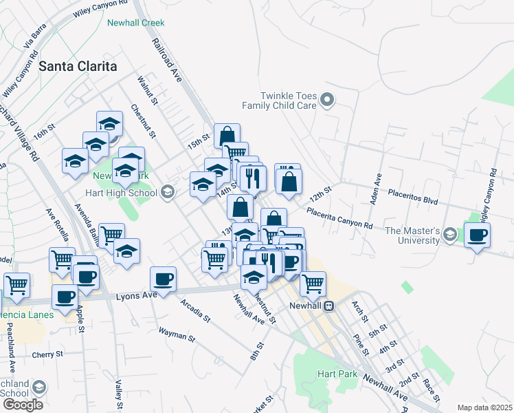 map of restaurants, bars, coffee shops, grocery stores, and more near 24707 Railroad Avenue in Santa Clarita