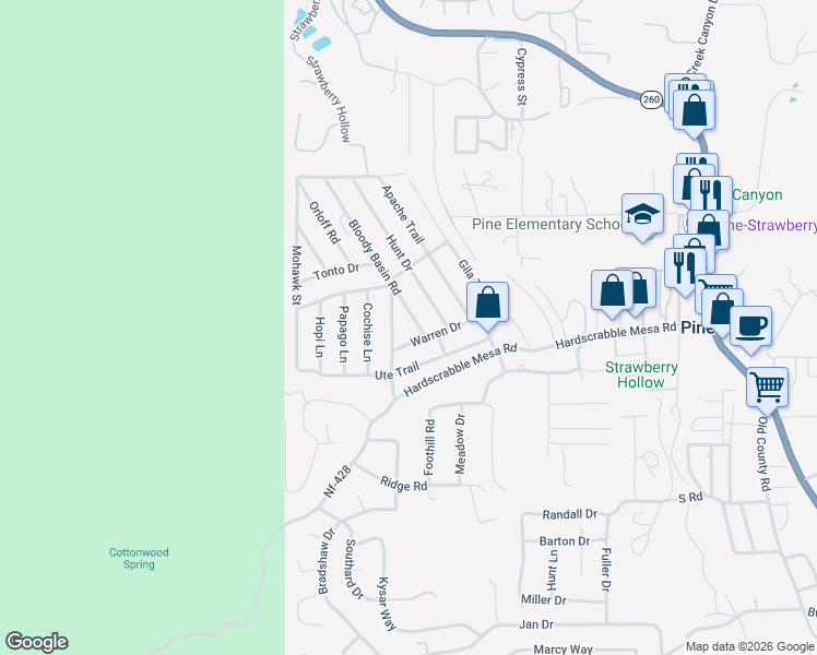 map of restaurants, bars, coffee shops, grocery stores, and more near 3720 Bloody Basin Road in Pine